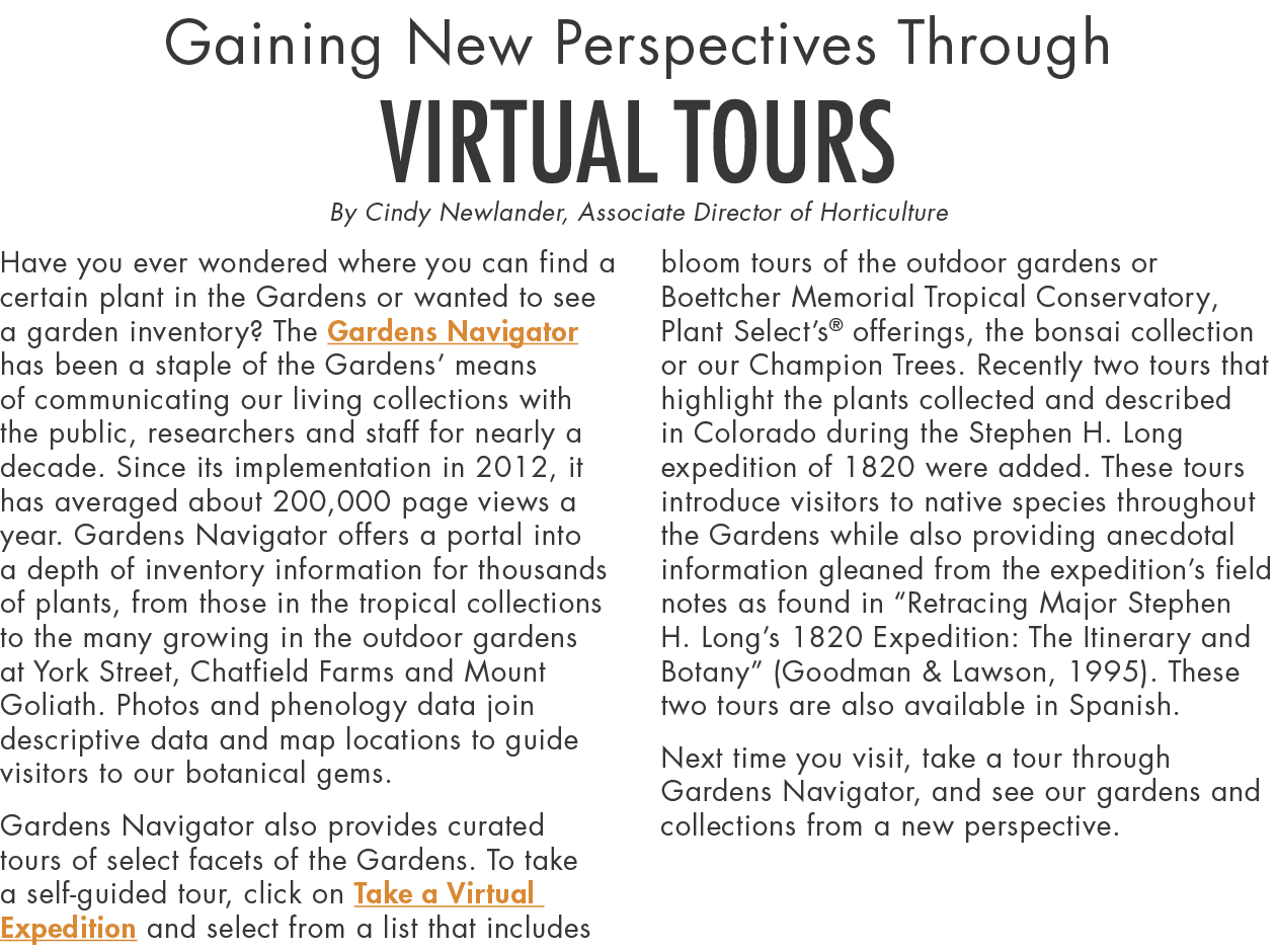 Gaining New Perspectives Through Virtual Tours By Cindy Newlander, Associate Director of Horticulture Have you ever w   