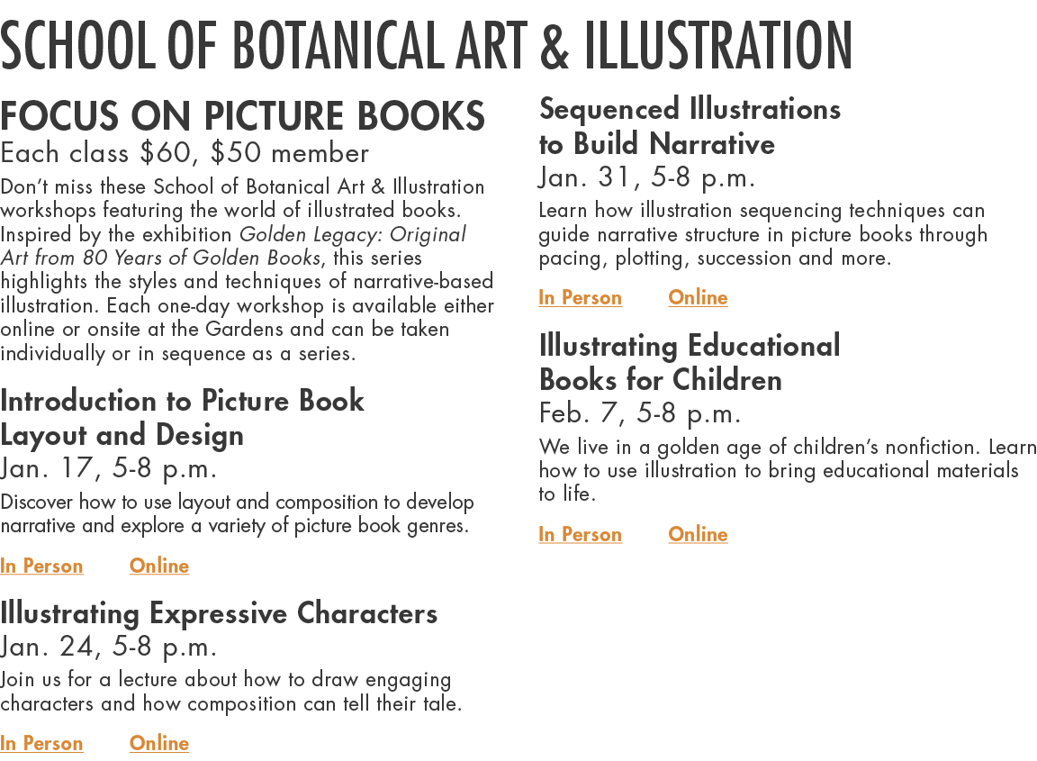 School of Botanical Art & Illustration Focus on Picture Books Each class $60, $50 member Don’t miss these School of B...
