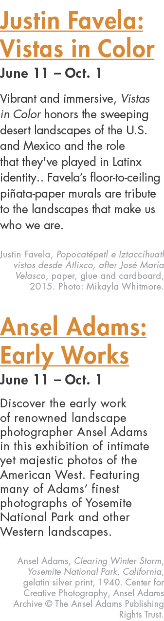 Justin Favela: Vistas in Color June 11 – Oct. 1 Vibrant and immersive, Vistas in Color honors the sweeping desert lan...