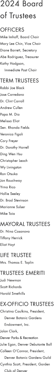 2024 Board of Trustees OFFICERS Mike Imhoff, Board Chair Mary Lee Chin, Vice Chair Diane Barrett, Secretary Abe Rodri...