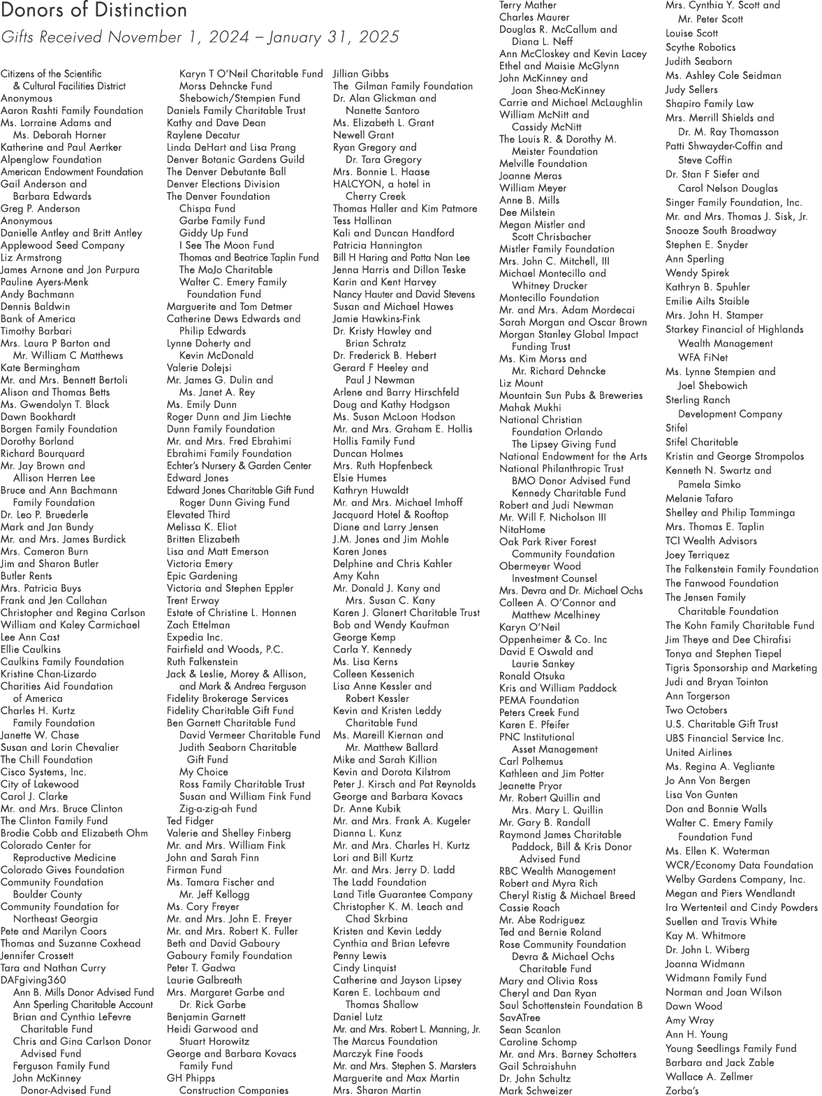 Donors of Distinction Gifts Received November 1, 2024 – January 31, 2025 Citizens of the Scientific & Cultural Facili...