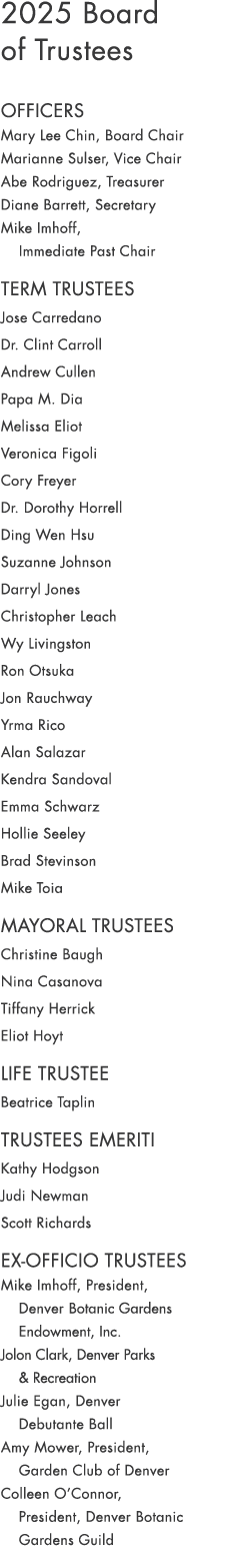 2025 Board of Trustees OFFICERS Mary Lee Chin, Board Chair Marianne Sulser, Vice Chair Abe Rodriguez, Treasurer Diane...