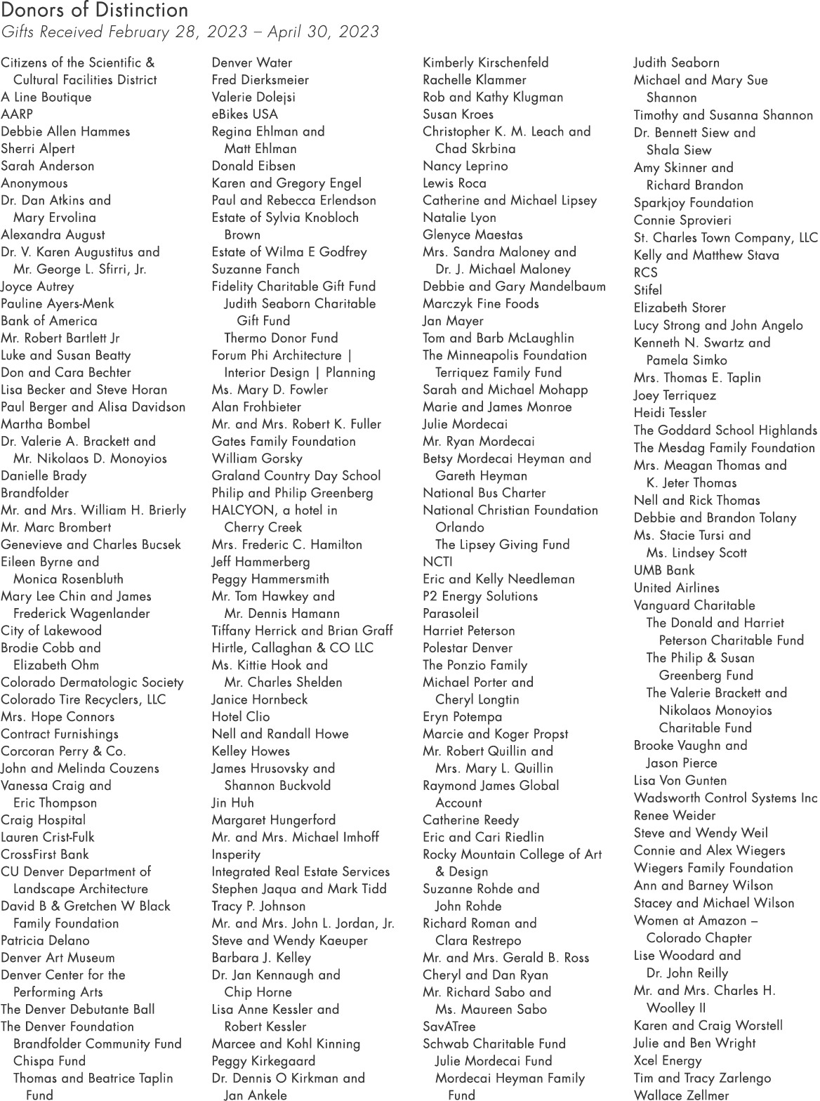 Donors of Distinction Gifts Received February 28, 2023 – April 30, 2023 Citizens of the Scientific & Cultural Facilit...