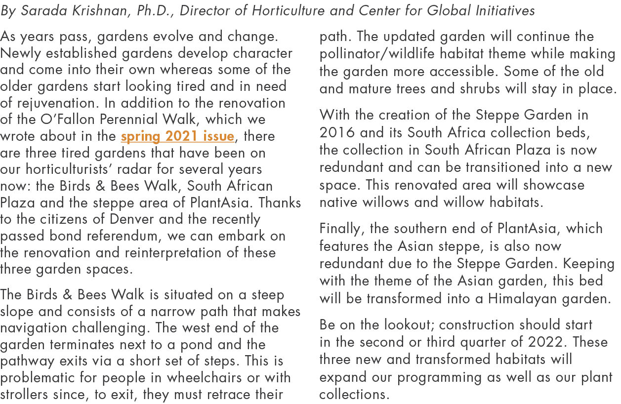 By Sarada Krishnan, Ph D , Director of Horticulture and Center for Global Initiatives As years pass, gardens evolve a   