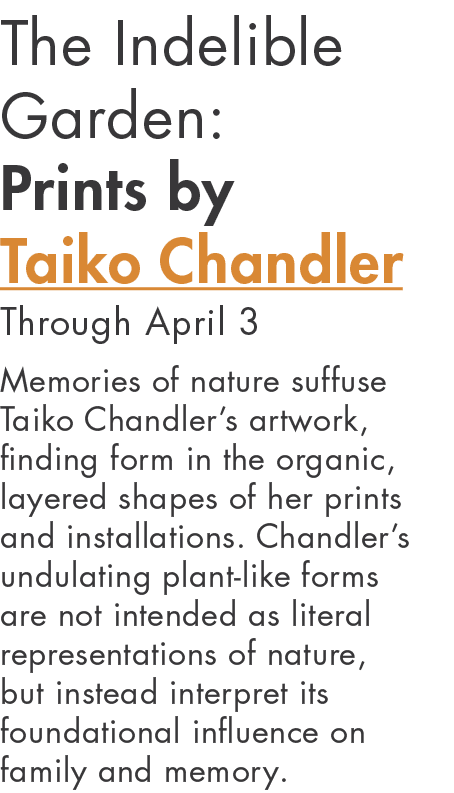 The Indelible Garden: Prints by Taiko Chandler Through April 3 Memories of nature suffuse Taiko Chandler s artwork, f   