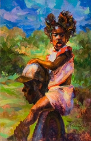 painting of girl on man's shoulders