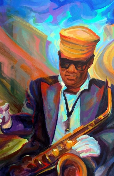 painting of man holding saxophone