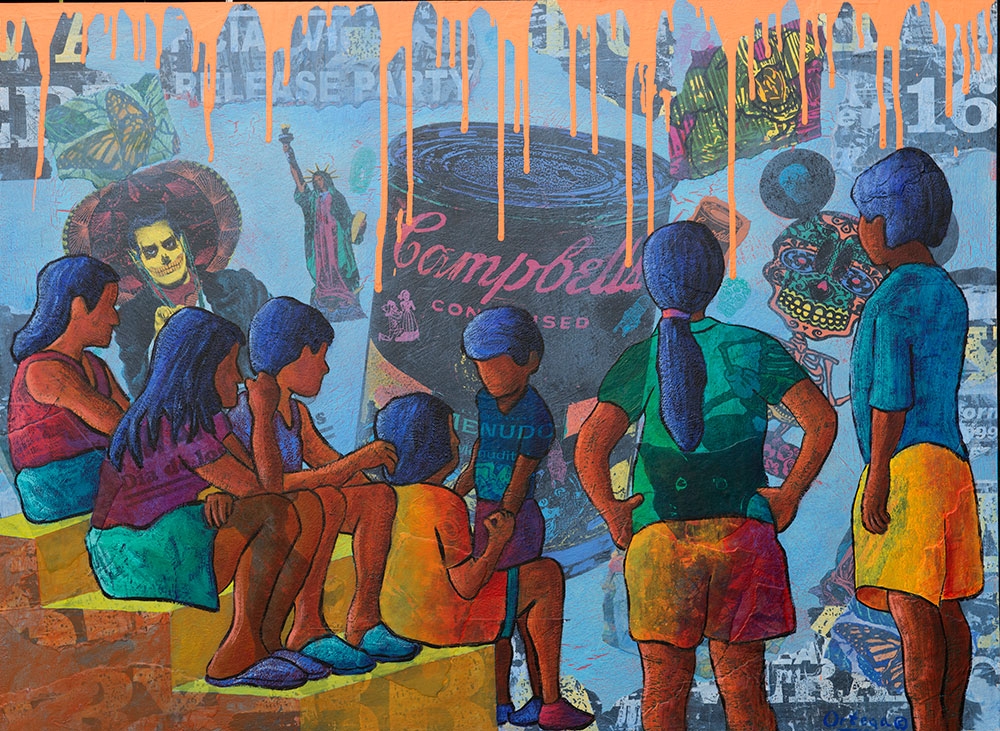 Tony Ortega, Primos de DACA, 2018, acrylic and collage on panel. © Tony Ortega.