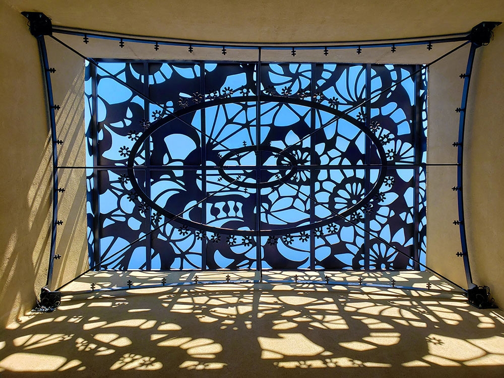 Paula Castillo, "Cuesta del Cielo (Slope of the Sky)," laser cut and powder coated steel bi-product, 2019.