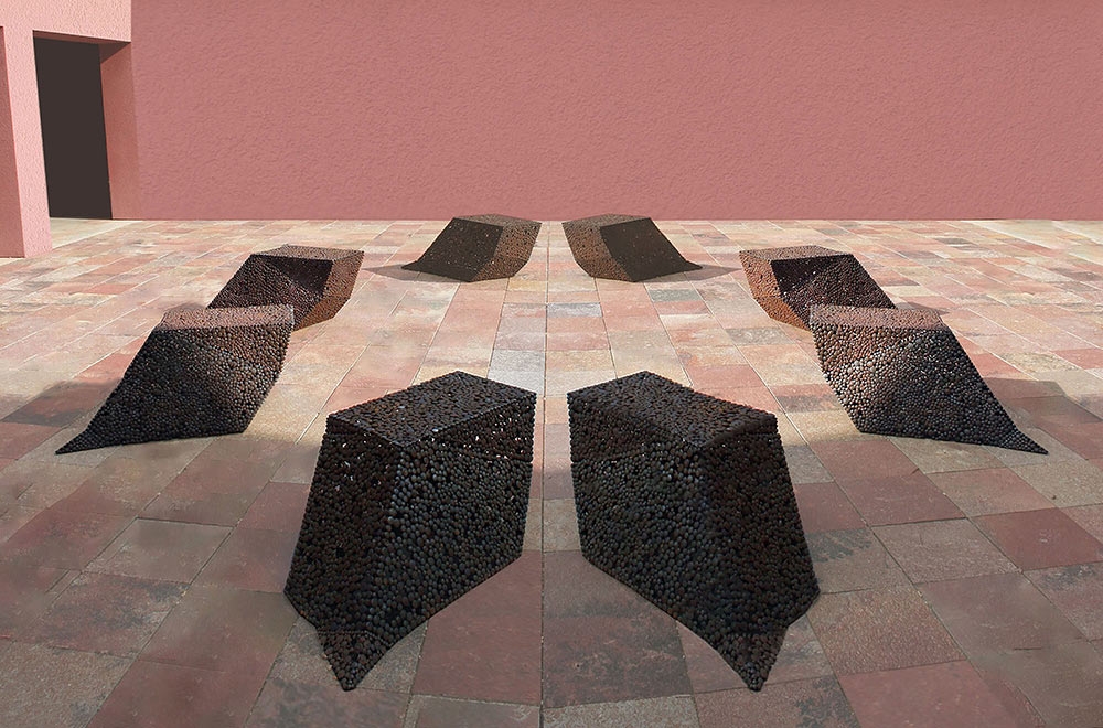 Paula Castillo, "Mirrored Staircase," individually welded steel bi-product, 2008.