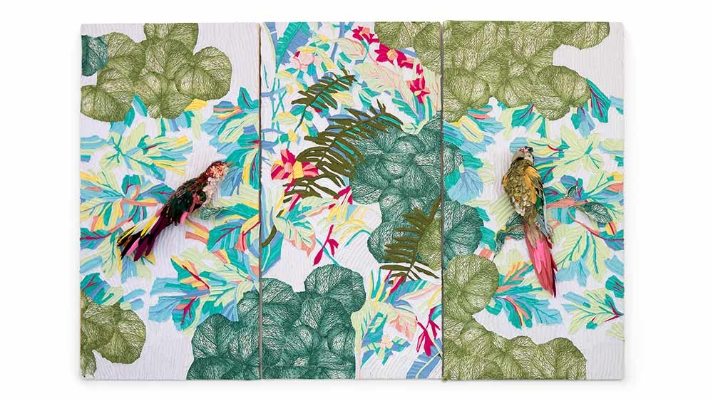 Tamara Kostianovsky, “Becoming Native,” discarded textiles on wood, 2022. 