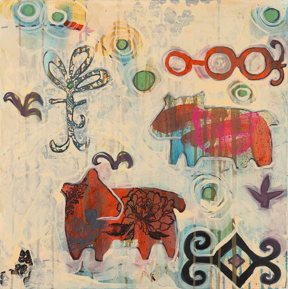 Melanie Yazzie, “Two Sisters,” acrylic and mixed media, 2022.