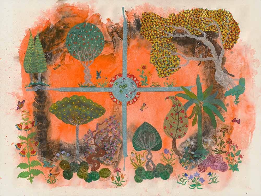 Aisha Imdad, “The Gilded Gardens of Fidelity: Bagh-i-Wafa series II,” watercolor, 2022.