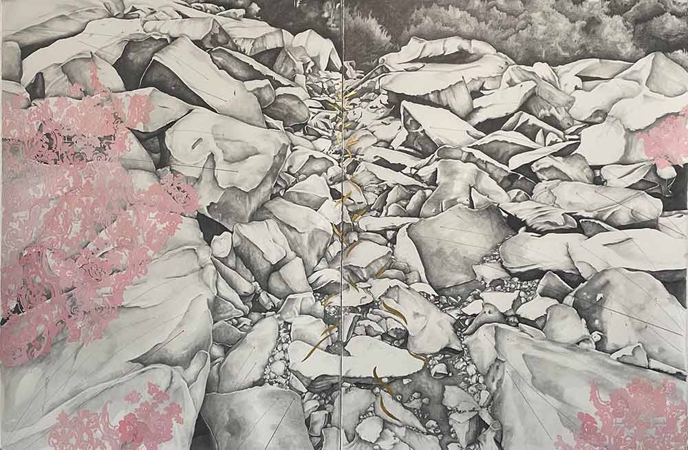 Kiki Gaffney, “Shift II,” graphite, acrylic and gold leaf, 2022.   