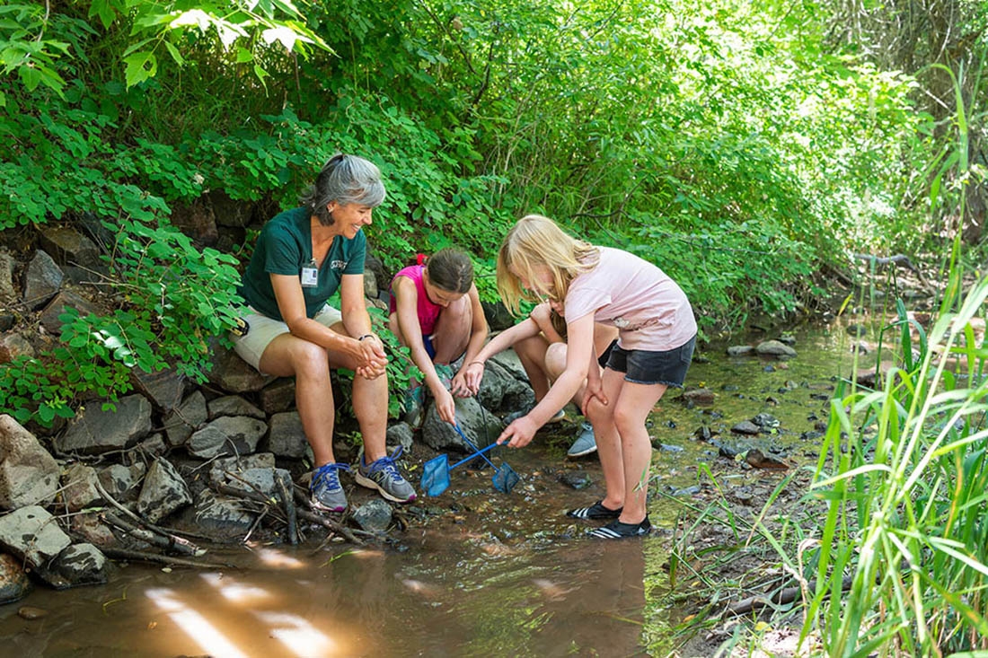 kids and teacher explore creek