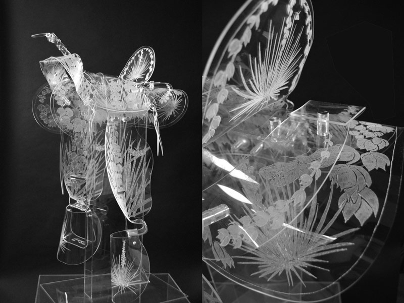 Maeve Eichelberger, "Yucca and the Moth" (detail), hand-etched and hand-formed acrylic, 2021.