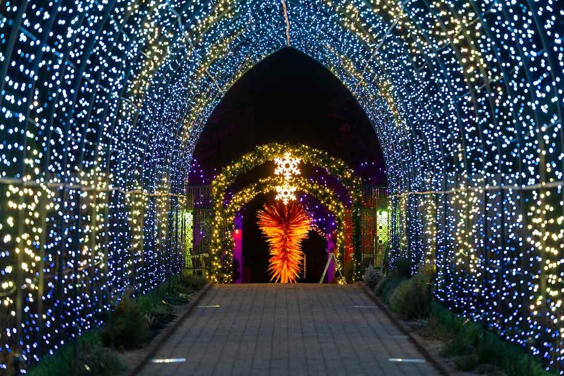 A light tunnel at Blossoms of Light with an orange and yellow lighted sculpture at the end of the tunnel. 