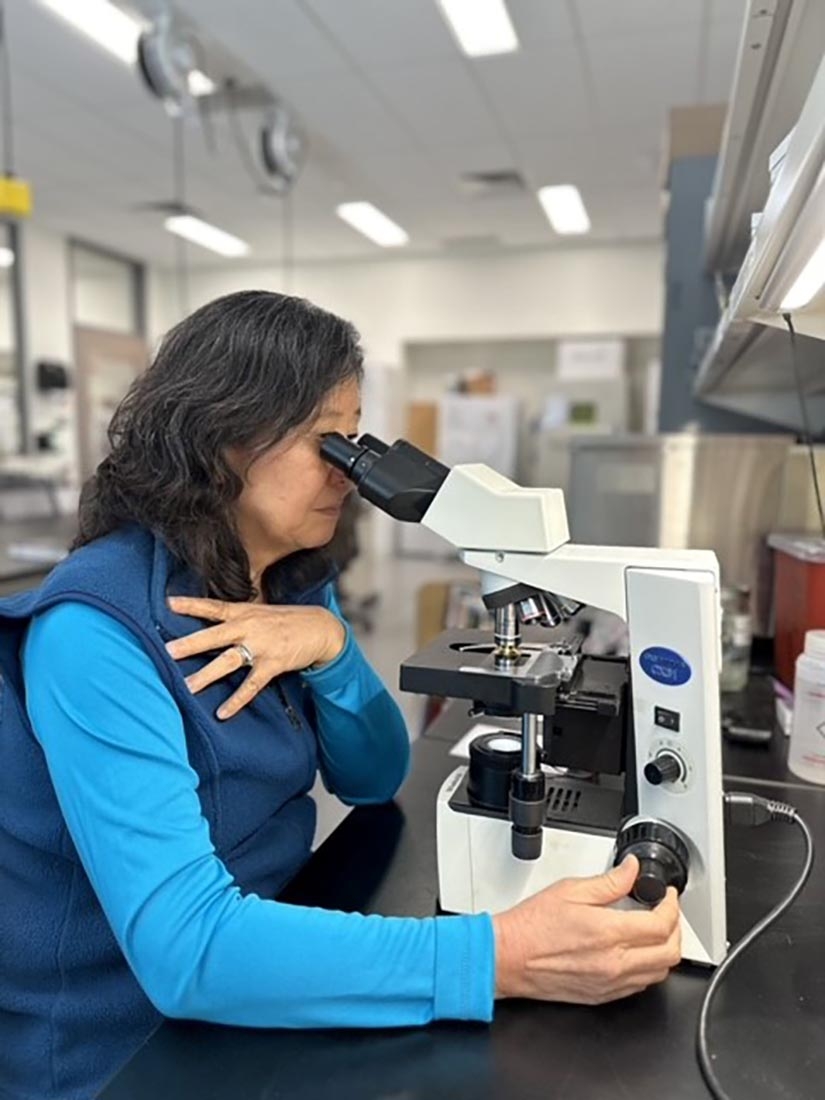 Woman viewing specimen through a microscope