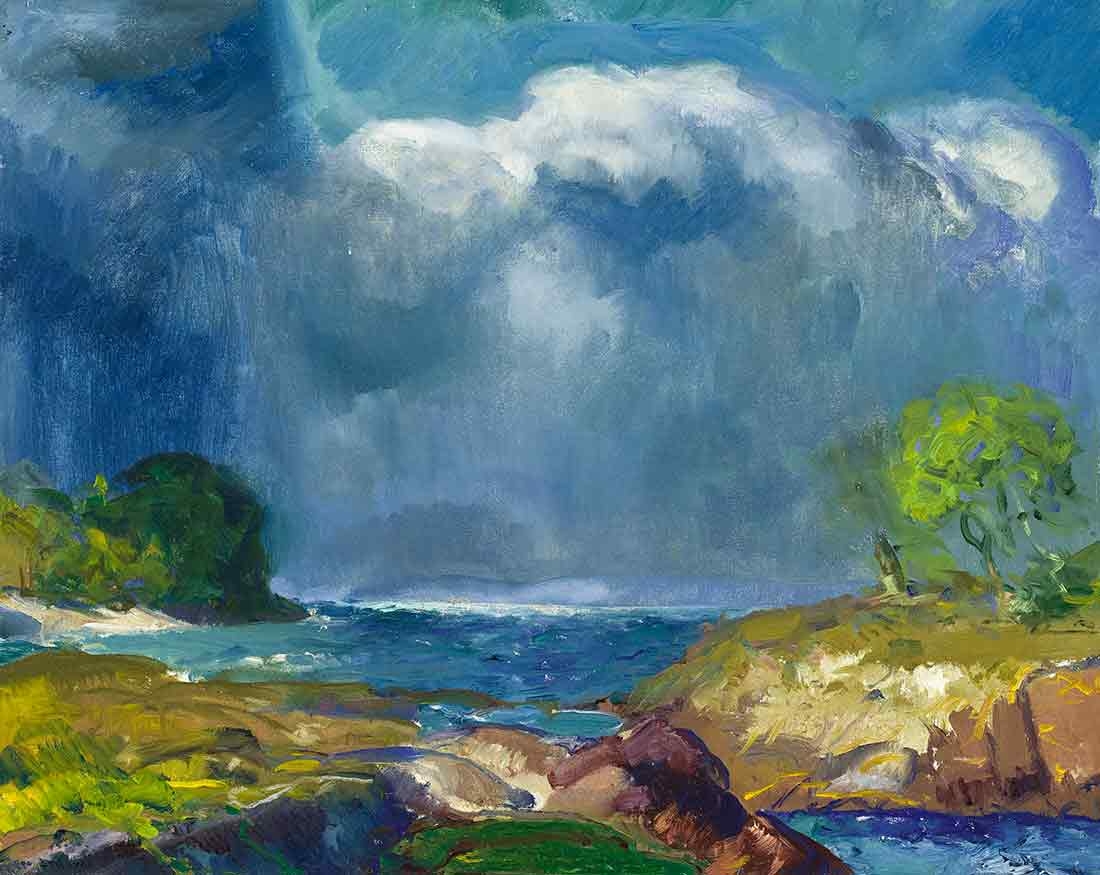 Rough waves in the water in the foreground with stormy sky. 