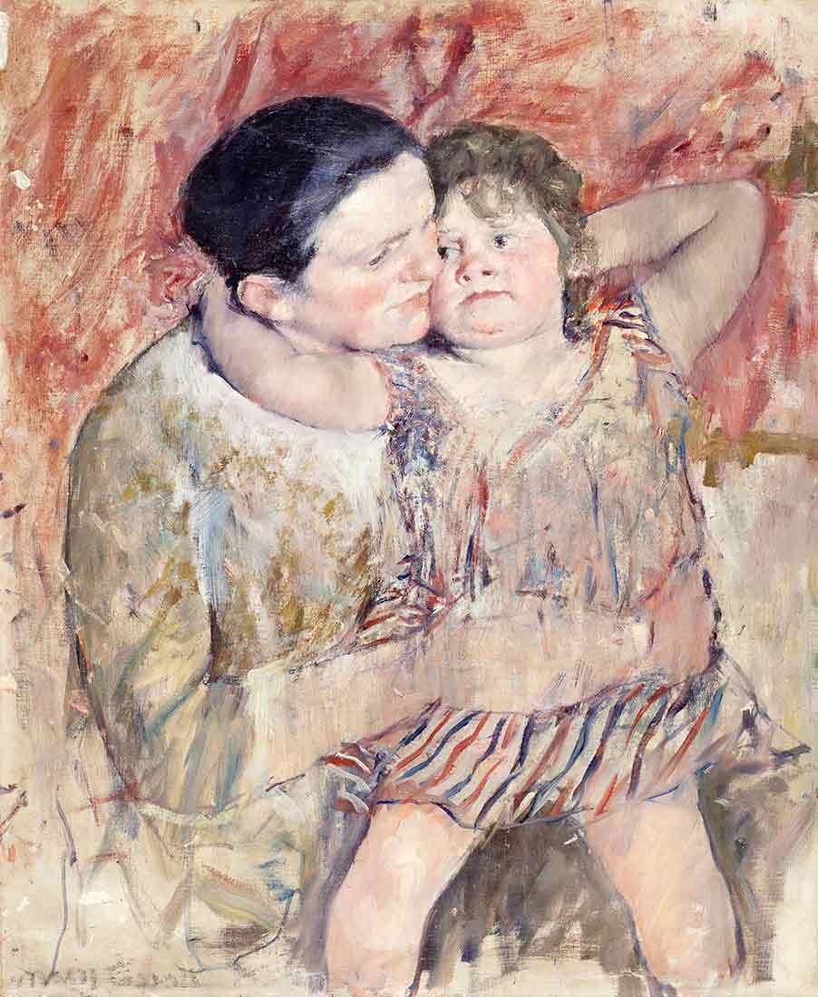 A painting of a woman seated, holding a child. Their cheeks are touching. The child's right arm is wrapped around the woman's neck.