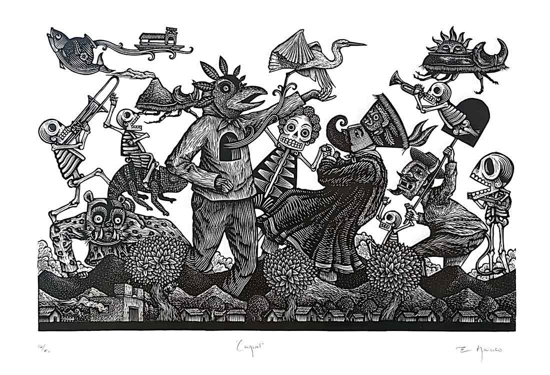 Black and white drawing of people, animal and skeleton spirit guides