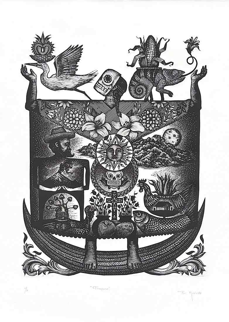 Black and white drawing of people, animal and skeleton spirit guides
