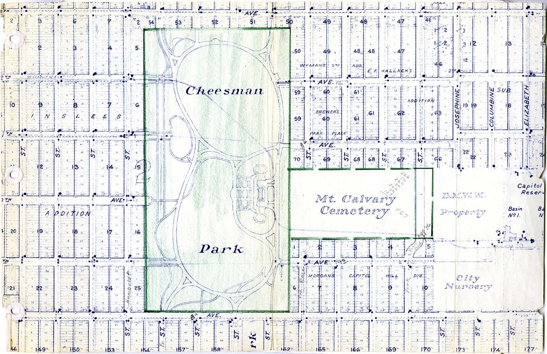 Archival map of Cheesman Park and Calvary Cemetery