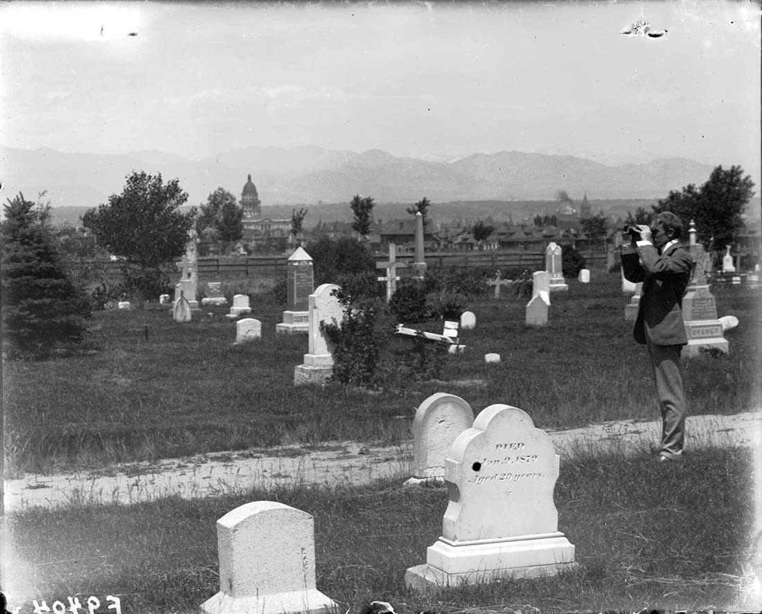 Historical black and white photo of cemetery