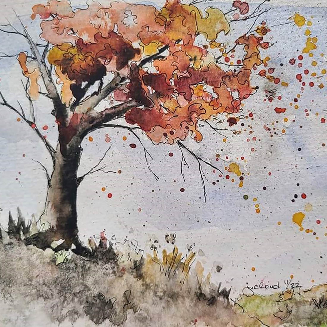 Watercolor of fall tree