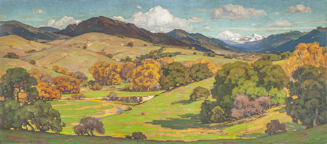 Painting of tree clusters and mountains in background