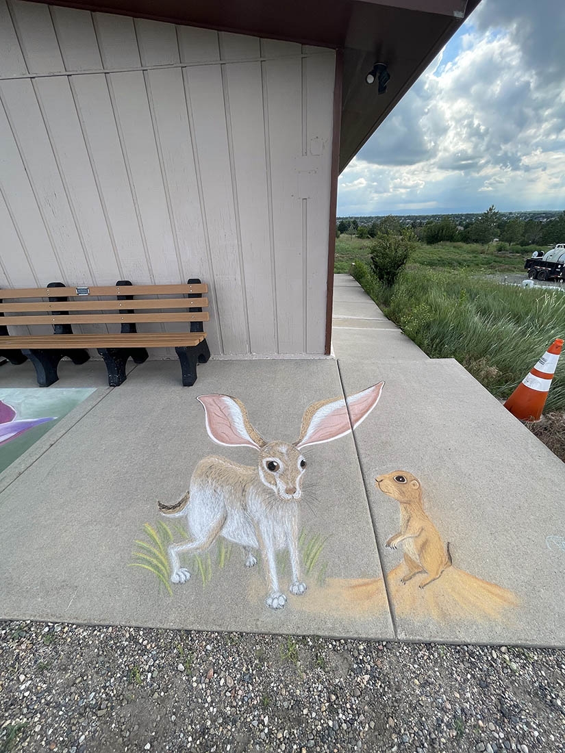 Chalk art on sidewalk outside a building