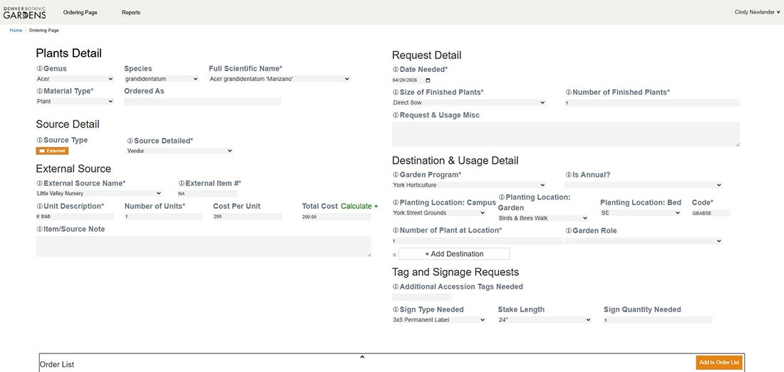 screenshot of sample external plant order from new collection tool