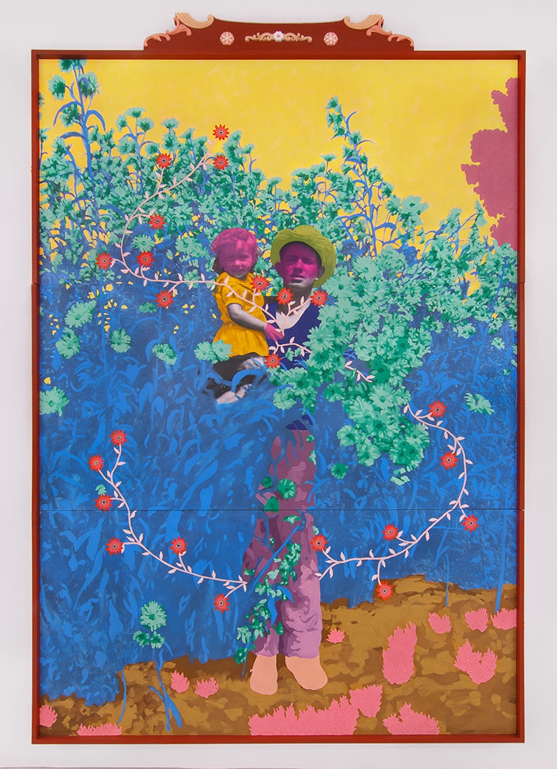 Daisy Patton, "Untitled (Father and Daughter with Tall Daisies)," oil paint on archival pigment print, 2023.  Photo from Norco, California.