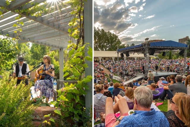 split image of musicians and concert goers
