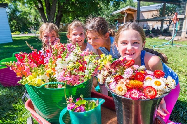 Four little girls smiling over buckets of flowers