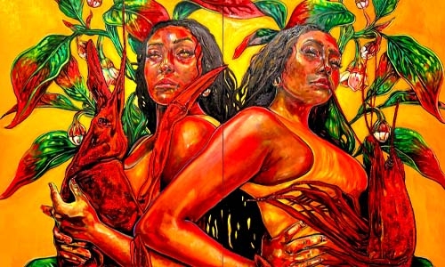 Painting depicting two black women holding lobsters