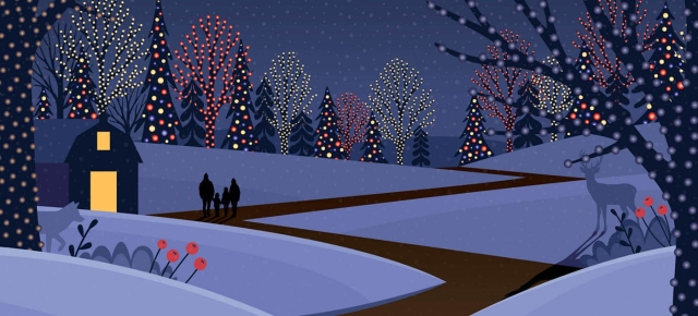 An illustration of people walking on a path at night with sparkling stars overhead, trees lit up with bright holiday lights in the background and a deer in the foreground.